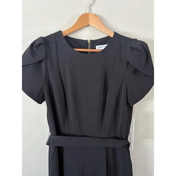 Calvin Klein Size 8 Black Crepe Puff Sleeve Belted Jumpsuit Straight Leg Classic - Picture 5 of 7